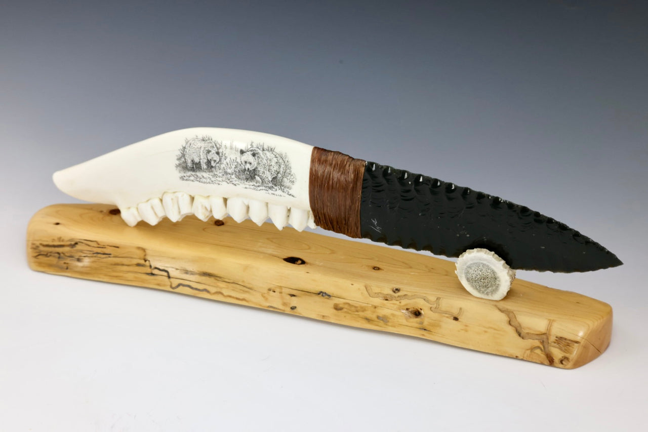 Elk Scrimshaw Obsidian Knife