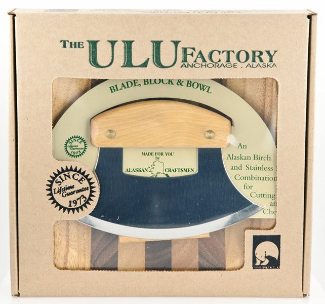 The Ulu Factory Ulu Knife With Large Wooden Chopping Bowl