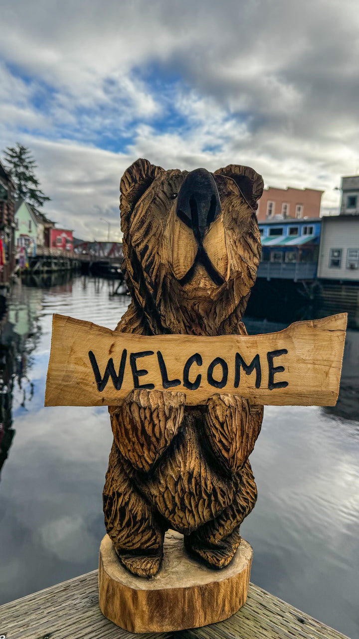 Chainsaw Carved 24" Welcome/Go Away Bear