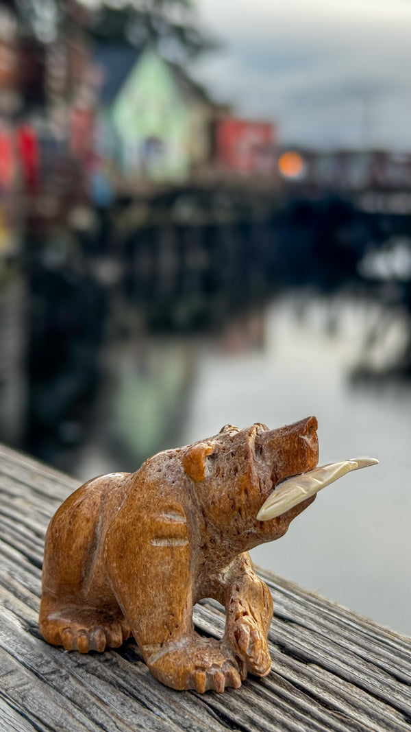 Bear w/Salmon Whalebone Carving
