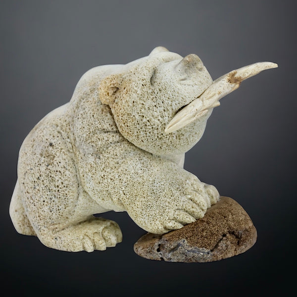 Fossilized Whale Bone Frog Carving