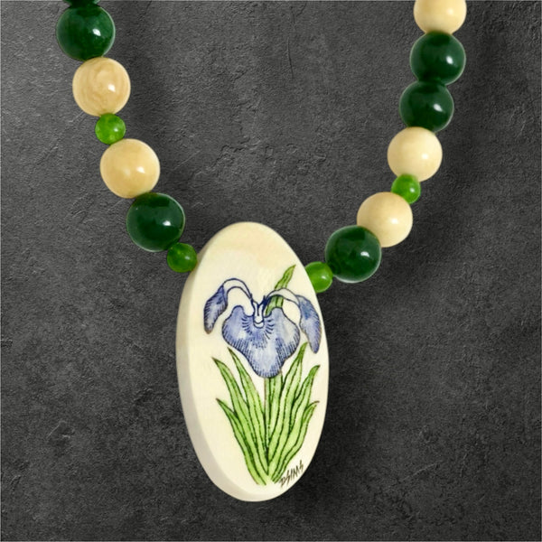 Ivory Scrimshaw & Jade Necklace