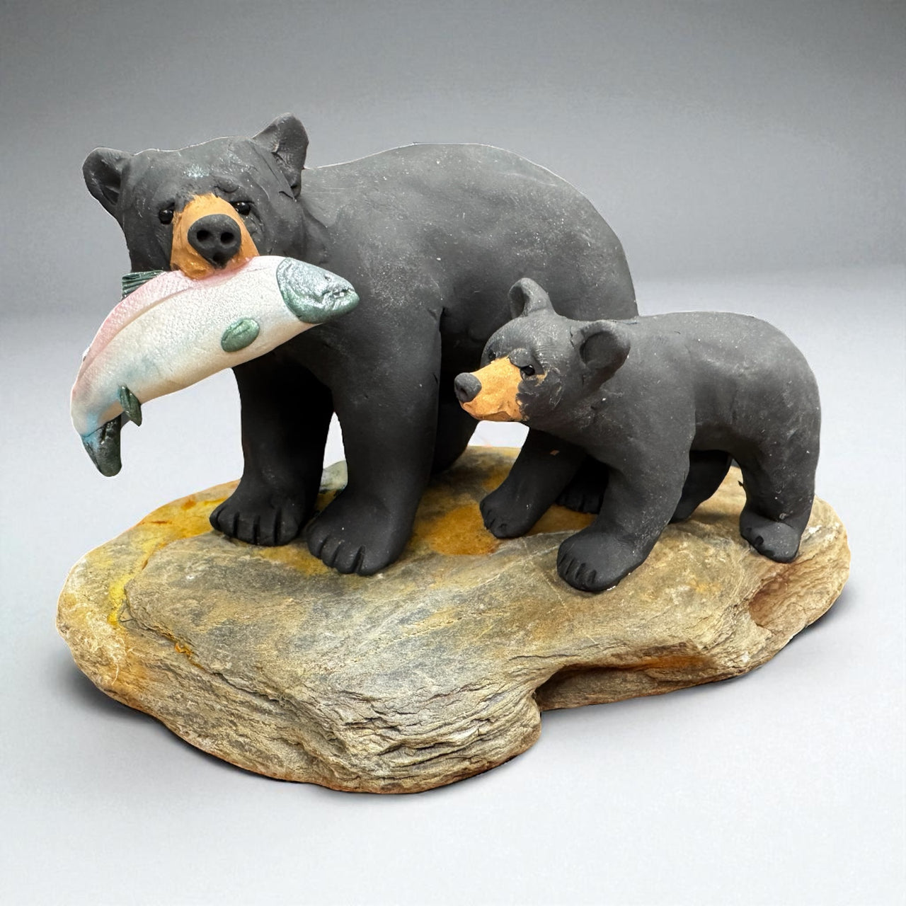 Black Bear with Cub & Salmon