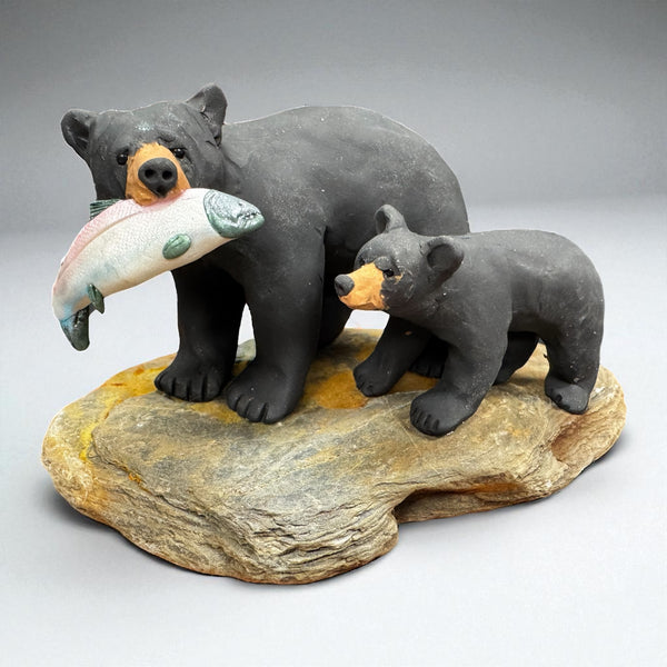 Black Bear with Cub & Salmon