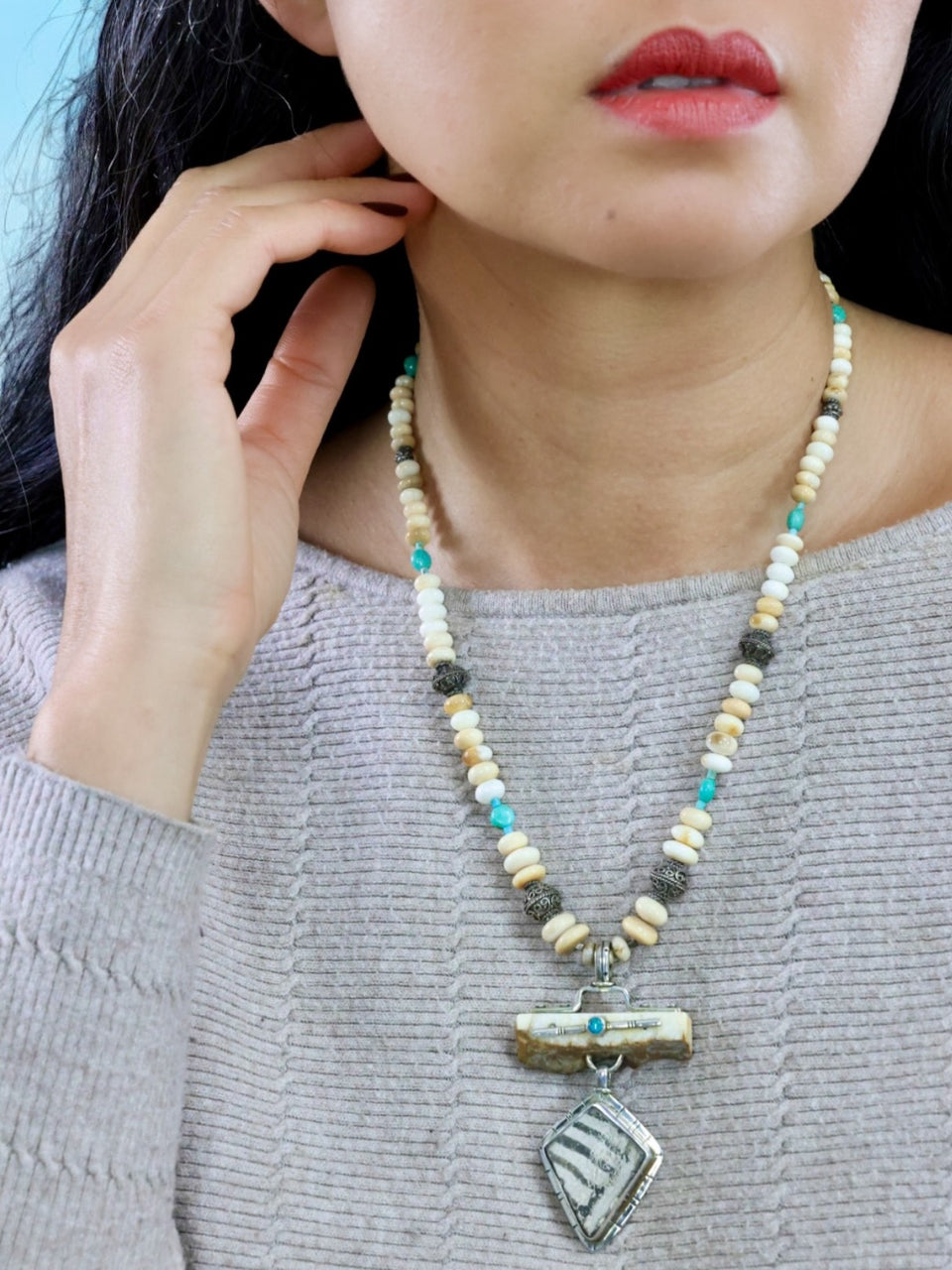 Ivory, Turquoise Pottery Shard Necklace