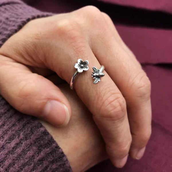 Bee & Cherry Blossom Adjustable Ring