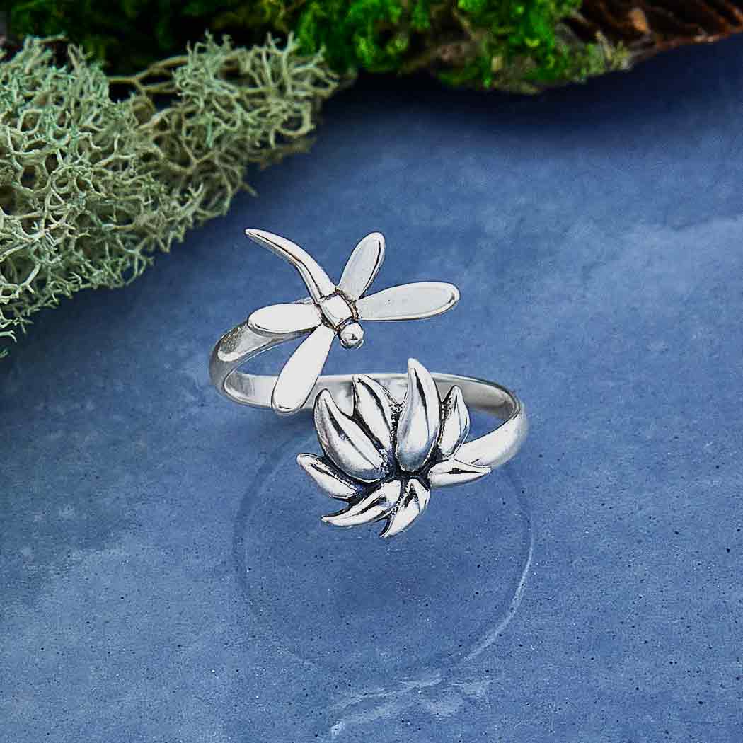 Dragonfly and Lotus Adjustable Ring