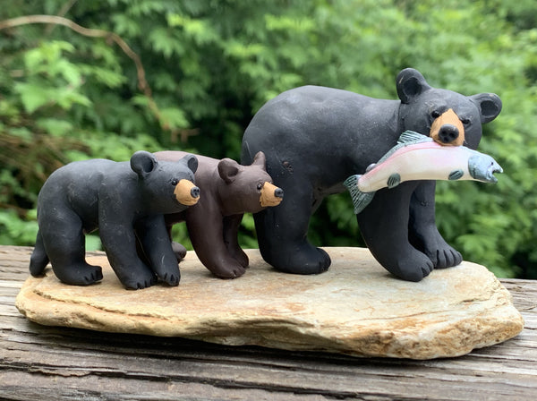 Black Bear with Cubs and Salmon