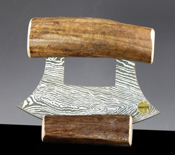 Caribou Antler Ulu knife - Natural & etched steel