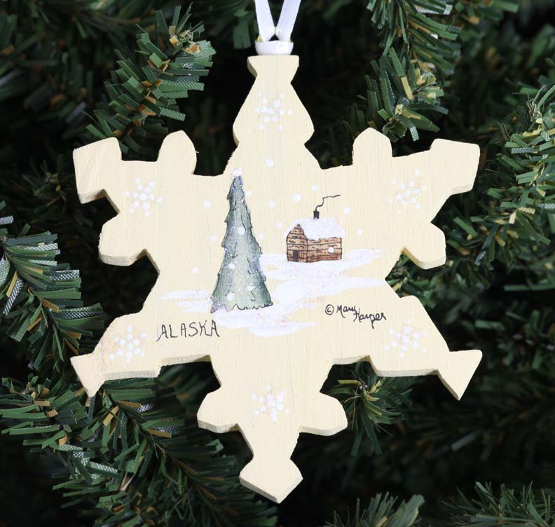 Snowflake with Cabin and Tree Ornament